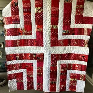 NWT. Hand Crafted “Strawberry Fields” Red and White Patchwork Quilt